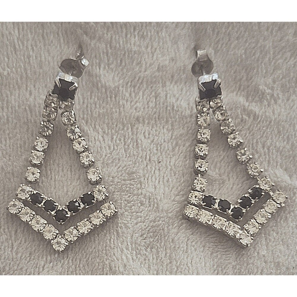 Vtg Silvertone Black And  Clear  Rhinestone Earrings Pierced Chandelier Dangle
